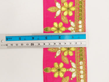 Radical Red Art Silk Fabric Trim, Green & Gold Floral Embroidery Gota Patti Indian Sari Border Trim By Yard Decorative Trim Craft Lace